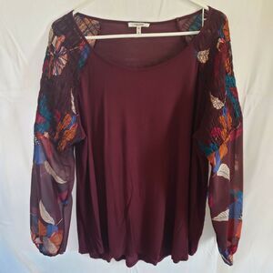 Maurices Long Sleeve Blouse Burgundy Floral Sleeves Women's Plus Size 0